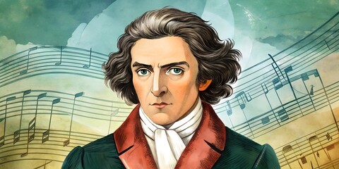 Portrait of a classical composer with musical notes in the background showcasing artistic talent and the essence of music