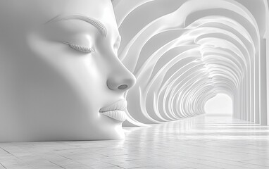 Serene female face sculpture in white abstract architecture.