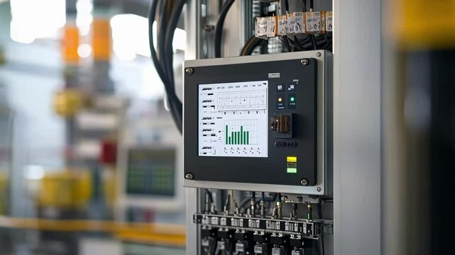 Electrical control panel displays real time data, showcasing key performance indicators and operational status within a factory or industrial environment