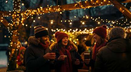 Warm Winter's Eve Gathering with Friends and Festive Lights at Outdoor Market