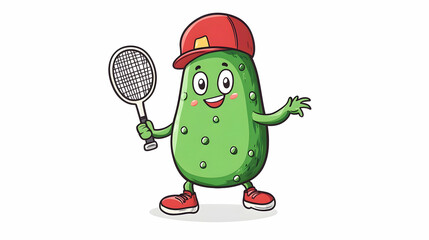 Happy pickle playing tennis, cartoon illustration, white background, for children's books or websites