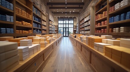 Obraz premium Modern library interior with wooden bookshelves