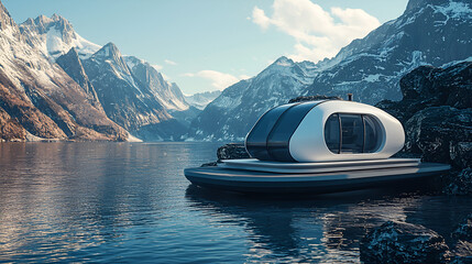 Futuristic floating home docked, mountain lake, serene landscape, travel ad