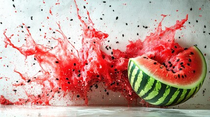Watermelon explodes against a white wall creating a vibrant splash effect