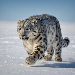 A snow leopard sprinting across an icy tundra with a clear, cloudless sky.