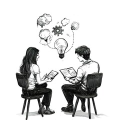 Two people sitting in chairs, one of them writing