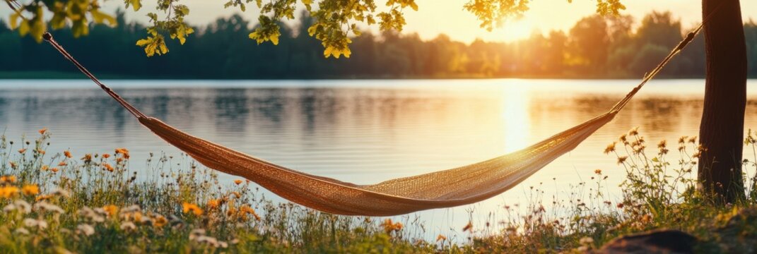 Tranquil hammock by the lake at sunset with lush greenery and water reflection