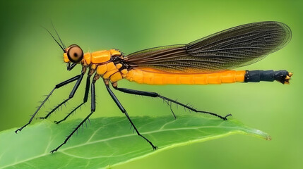 Orange insect on leaf, rainforest background, nature photography, wildlife stock image