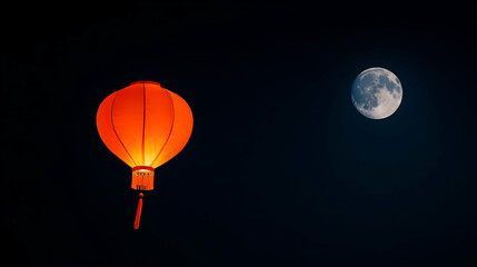 Obraz premium Orange lantern glows under full moon at night; festival celebration background