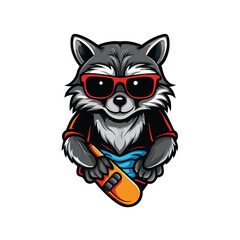 A stylish raccoon wearing cool sunglasses, sitting in a relaxed pose, with a mischievous grin.