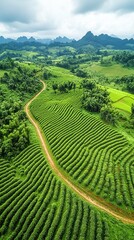 Aerial view of terraced tea plantation.