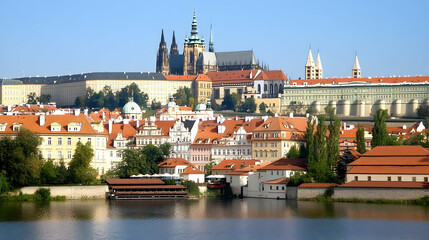 Obraz premium Prague Castle & Old Town, River View, Sunny Day, Travel Postcard