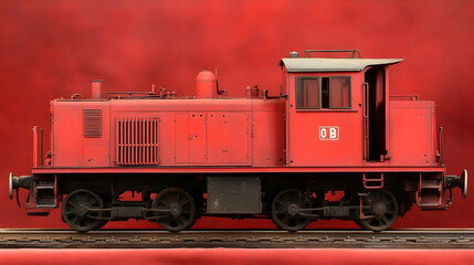 Red diesel locomotive on tracks against red backdrop; industrial setting, model train photography, hobbyist use