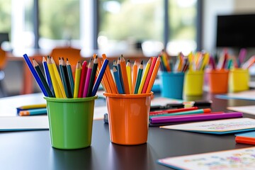 vibrant interactive lesson materials arranged on a desk for educators
