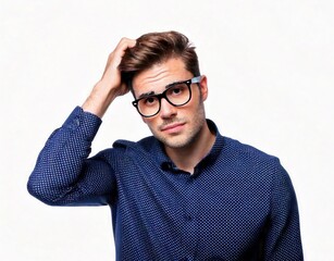 Young man wearing glasses scratching his head trying to find solution, isolated on white background