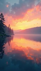 Obraz premium A peaceful lake at dawn with a pastel orange sky and gentle ripples, dawn, pastel orange, soft focus