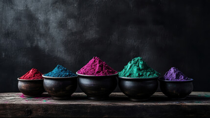 Vibrant holi festival colors in rustic wooden bowls for celebration design
