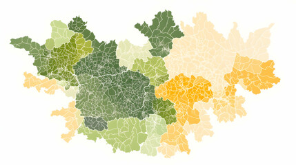 Regional Population Density Map Diverse Color-Coded Zones Showing Population Distribution Across a Geographic Area.  Useful for Demographics, Statistical Reports, and Geographic Studies
