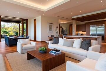 Fototapeta premium Elegant modern living room with a neutral color palette, wooden accents, and natural light