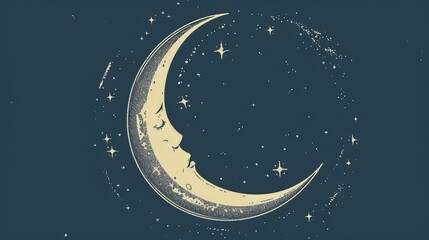 Naklejka premium A stylized crescent moon with a face, surrounded by stars, creating a dreamy night sky atmosphere.