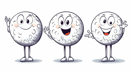 Three happy golf balls waving, cartoon style, white background, fun illustration for sports websites or kids' content