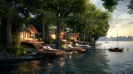 Lakeside cabins sunset tranquil waterfront resort relaxation