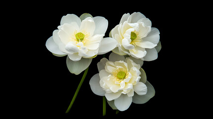 Three white lotus flowers against black background, nature photography, for serenity, peace, and spa marketing