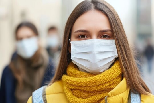 Young woman wearing a face mask and yellow scarf in a busy street during the pandemic - Powered by Adobe