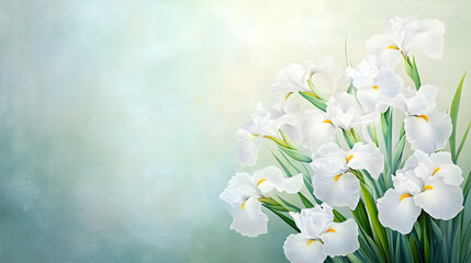 Obraz premium White irises bouquet, spring garden background, nature tranquility, greeting card design