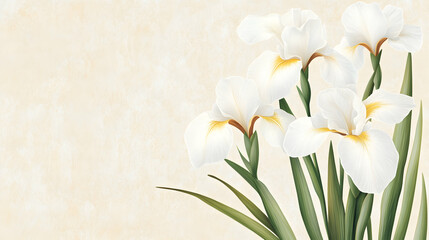 Fototapeta premium White irises bouquet on beige background, floral arrangement, home decor, greeting card design