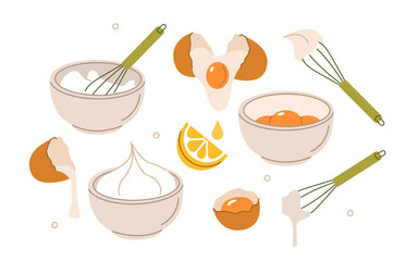 Food stickers set. Separate egg yolk, whisk egg whites instruction collection. Raw eggs, whisk, bowl and other cooking elements. Modern cartoon concept. Vector illustration.