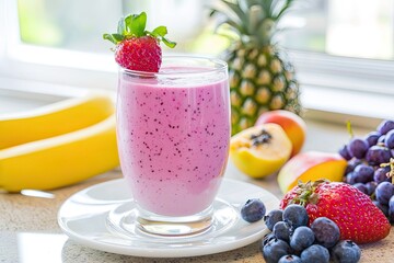 Family enjoying a lively breakfast scene with fruit smoothies and whole fruits, showcasing joyful healthy eating at home