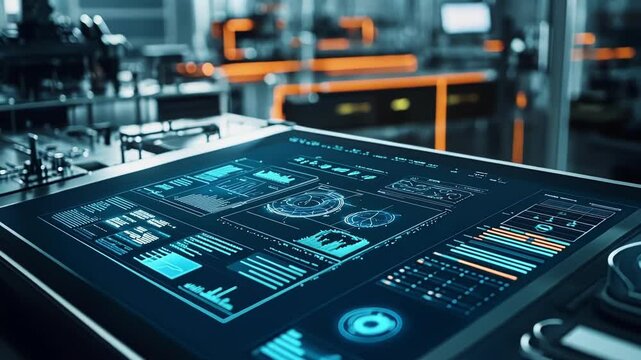 A tightly framed shot of an AIdriven analytics workstation displaying an intricate dashboard with predictive maintenance data surrounded by tools for automated inspections in a factory