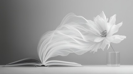 Open book, flower, pages flowing, grey background, reading concept