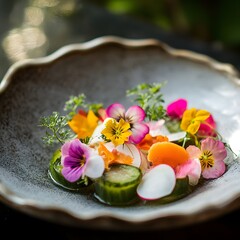 Fresh greens, edible flowers, and locally sourced farm produce, celebrating natural flavors and sustainable farming practices.