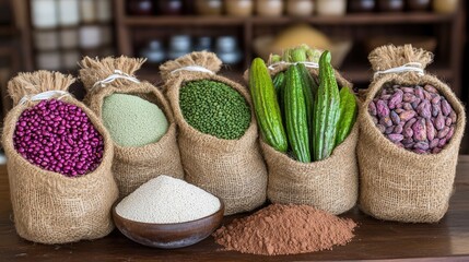 Diverse ingredients in burlap sacks; shop background; healthy food concept; recipe inspiration