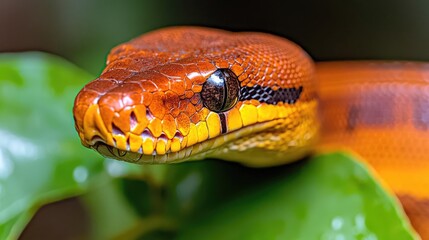 Fototapeta premium Orange snake portrait, jungle foliage background, wildlife photography, nature documentary