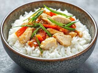 Cooked rice with chicken and sauce in a bowl. Steamed white rice served with chicken and a savory sauce in a ceramic bowl. Emphasizing protein and rich flavor. Ideal for food blogs and hearty recipes.