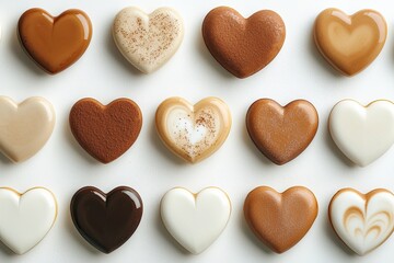 Gourmet coffee latte art with intricate heart designs, neutral background, minimalist props, soft lighting