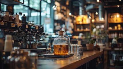 Rustic bar with vintage glass bottles and dim lighting