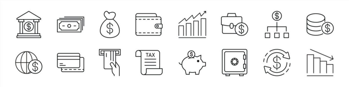 set of finance thin line icon. contain bank, wallet, money, payment, atm, growth, profit, business, currency, money management, personal finance icon collections. vector illustration