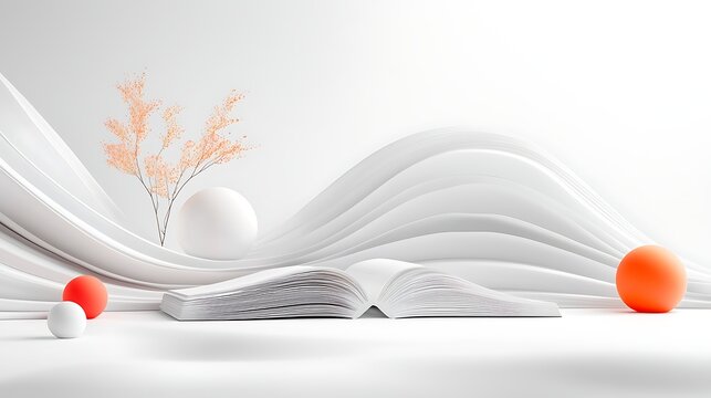 Open book on white wave background, spheres, minimalist design, product display