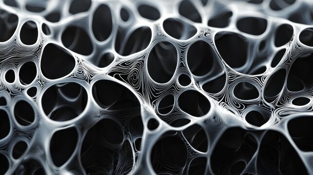 Abstract grayscale 3D render of intricate network structure, resembling a complex organic cellular or spongy material, showcasing detailed lines and textures.