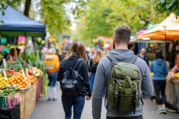 Urban lifestyle scene showcasing diverse individuals interacting in a vibrant street market, with colorful stalls and graffiti art in the background