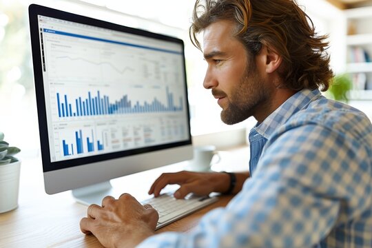 Businessman evaluating financial trends with charts in a contemporary office environment