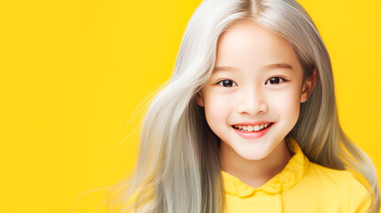Fototapeta premium Portrait of asian girl child with long white hair yellow background.