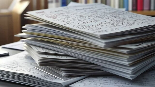 A Stack of Papers with Handwritten Notes and Equations