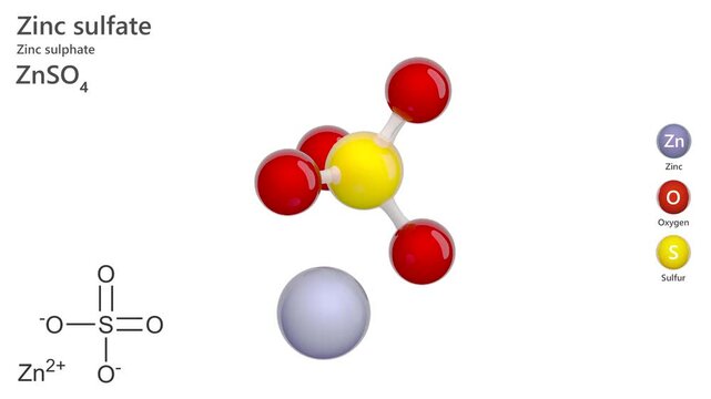 Zinc Sulfate. Animated 3D model of a molecule. Molecular formula: ZnSO4. Chemical model: Ball and stick. White background. 3D rendering. Seamless loop.