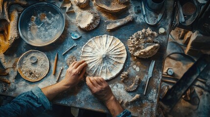 Artisan Crafting Pottery in a Workshop Surrounded by Tools and Materials
