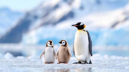 Fototapeta premium An adult penguin stands protectively next to two fluffy chicks on the ice of Antarctica during a bright day.